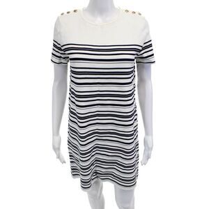 Zara Women Shift T-Shirt Dress White Striped Cotton Short Sleeve Knee Size M